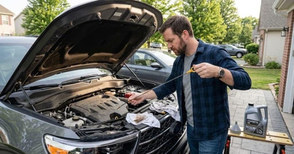 Driver checking the engine oil level after an oil change Check Engine Light On After Oil Change