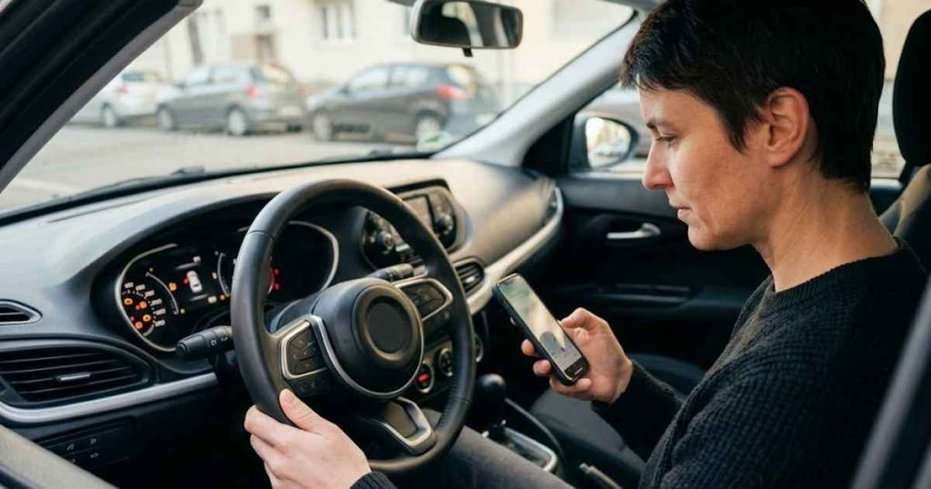 Person in Fiat 500 driver's seat looking at dashboard warning lights, phone in hand searching for information, natural daylight through windshield, slightly blurred background, no face detail needed