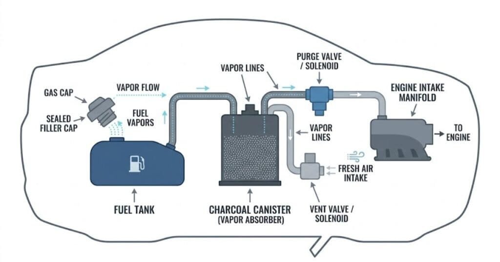 EVAP evaporative emission system diagram showing gas cap charcoal canister purge valve