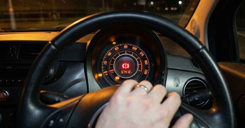 ABS amber warning light and red brake system warning light both illuminated at the same time on a Fiat 500 abs warning light instrument cluster, driver's hand gripping steering wheel tightly