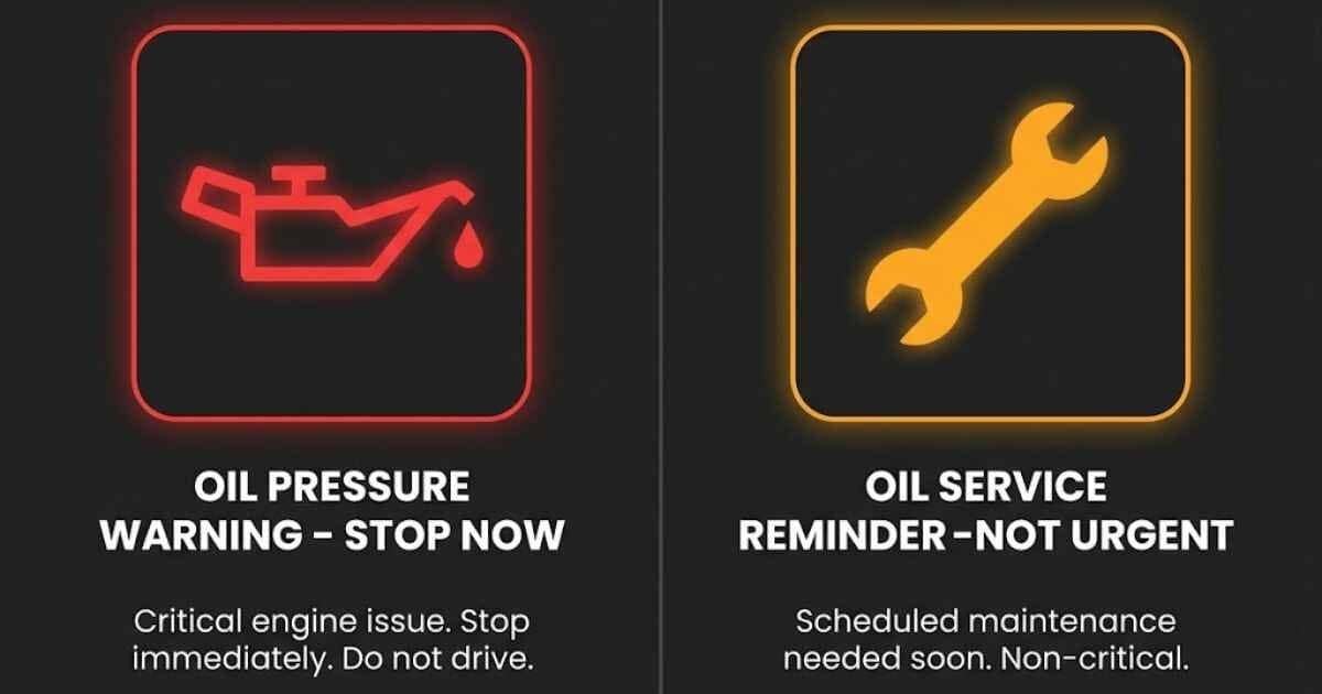 Side-by-side of two dashboard icons: oil pressure warning (oil can with drop) and oil service reminder (wrench or spanner), labeled clearly, flat design on dark background