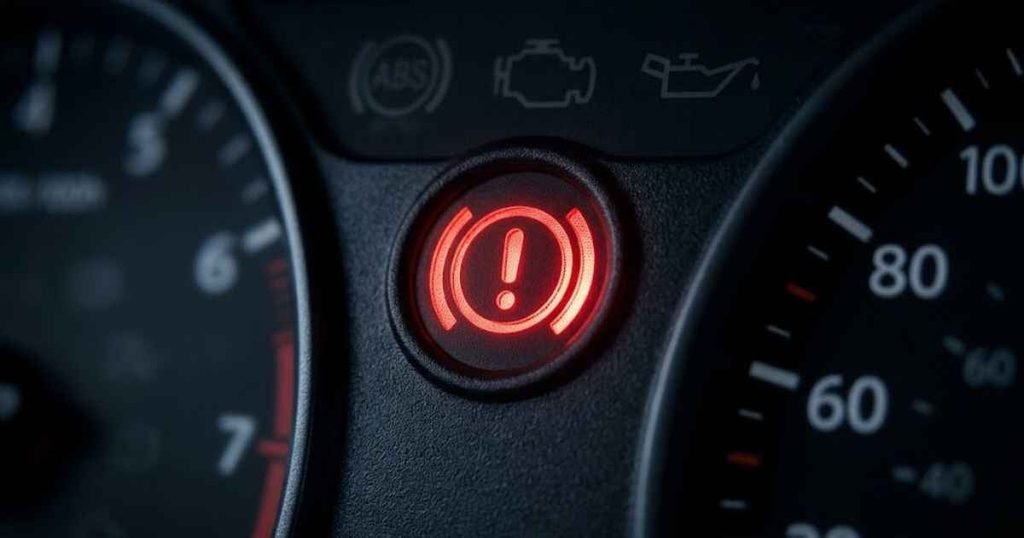 Fiat 500 red brake warning light illuminated on instrument cluster, close-up macro photograph, dark background, icon sharp and legible