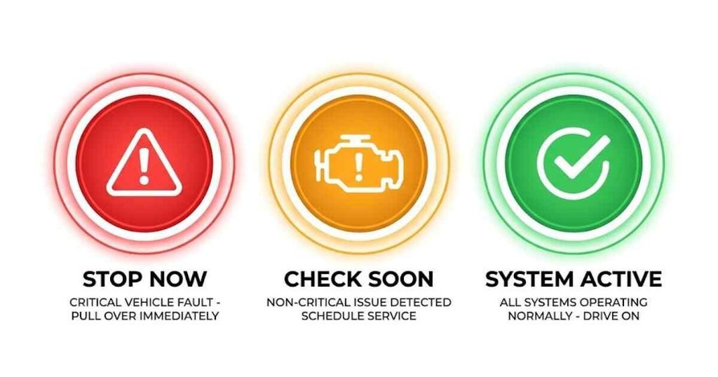 Three dashboard icon circles side by side showing red, amber, and green warning indicator colors with simple label beneath each, flat design infographic, white background