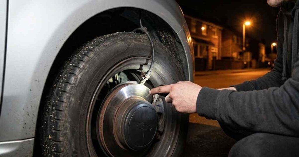 Torch illuminating the wheel speed sensor location inside the front wheel arch of a 2014 Fiat 500 with brake disc and sensor wire visible, inspecting the cause of an ABS warning light