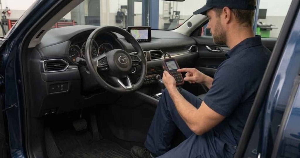 OBD2 scanner connected to a Mazda CX-5 while checking an engine fault code