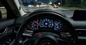 Mazda CX-5 instrument cluster showing multiple warning lights illuminated in red and amber, dark interior, no driver