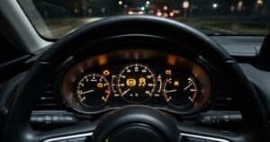Car dashboard showing multiple warning lights on at once, including check engine, ABS, and battery icons