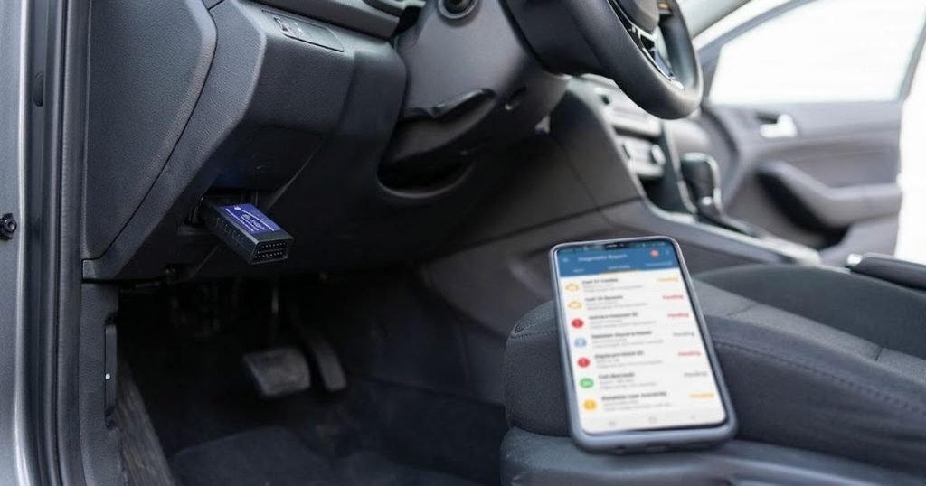 OBD2 scanner plugged into a car's diagnostic port to read multiple warning light codes