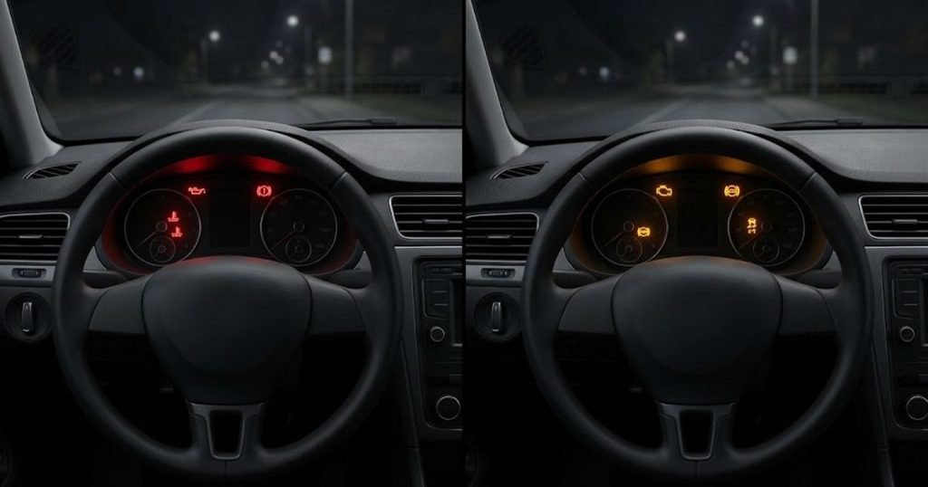 Comparison of red warning lights versus amber warning lights on a car dashboard