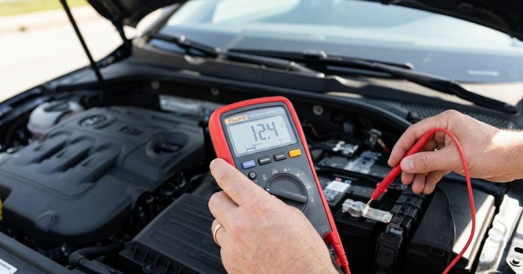 Testing car battery voltage with a multimeter to diagnose multiple warning lights